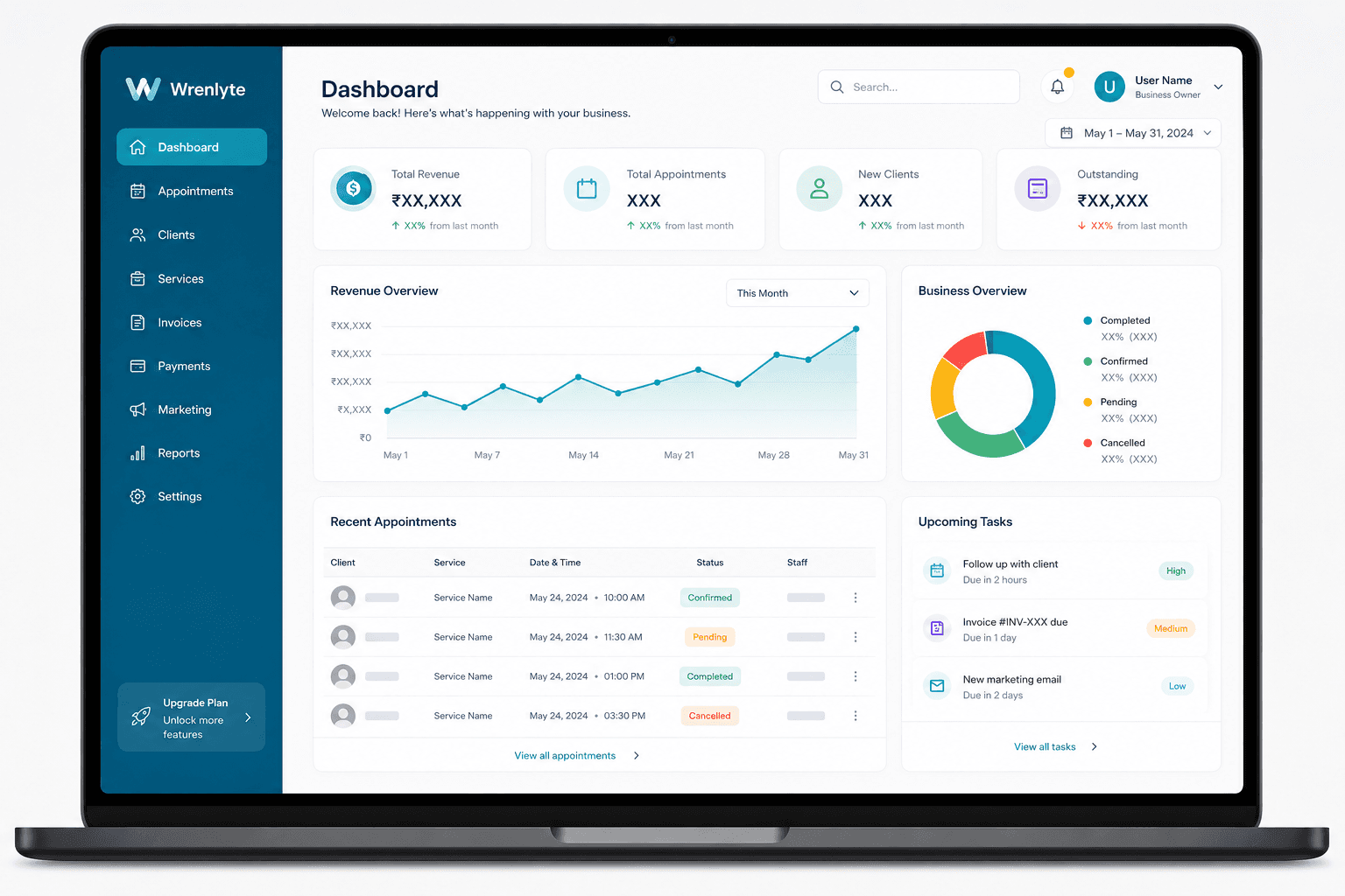 CRM dashboard showing client records, appointments, and revenue reporting