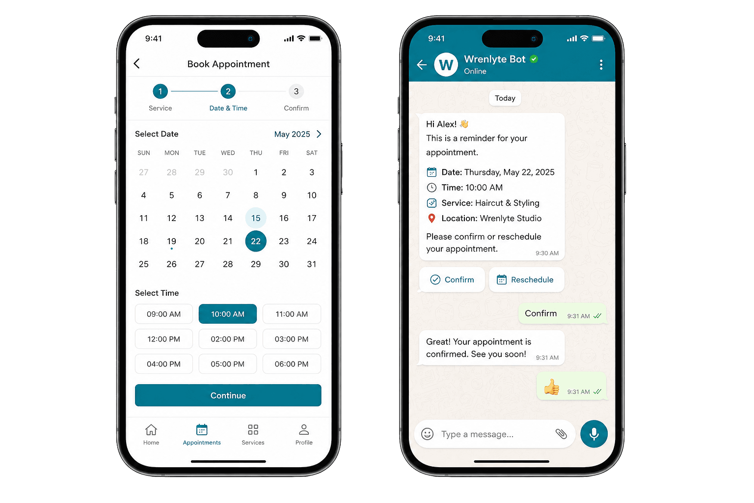 Mobile app interface mockups for booking and messaging
