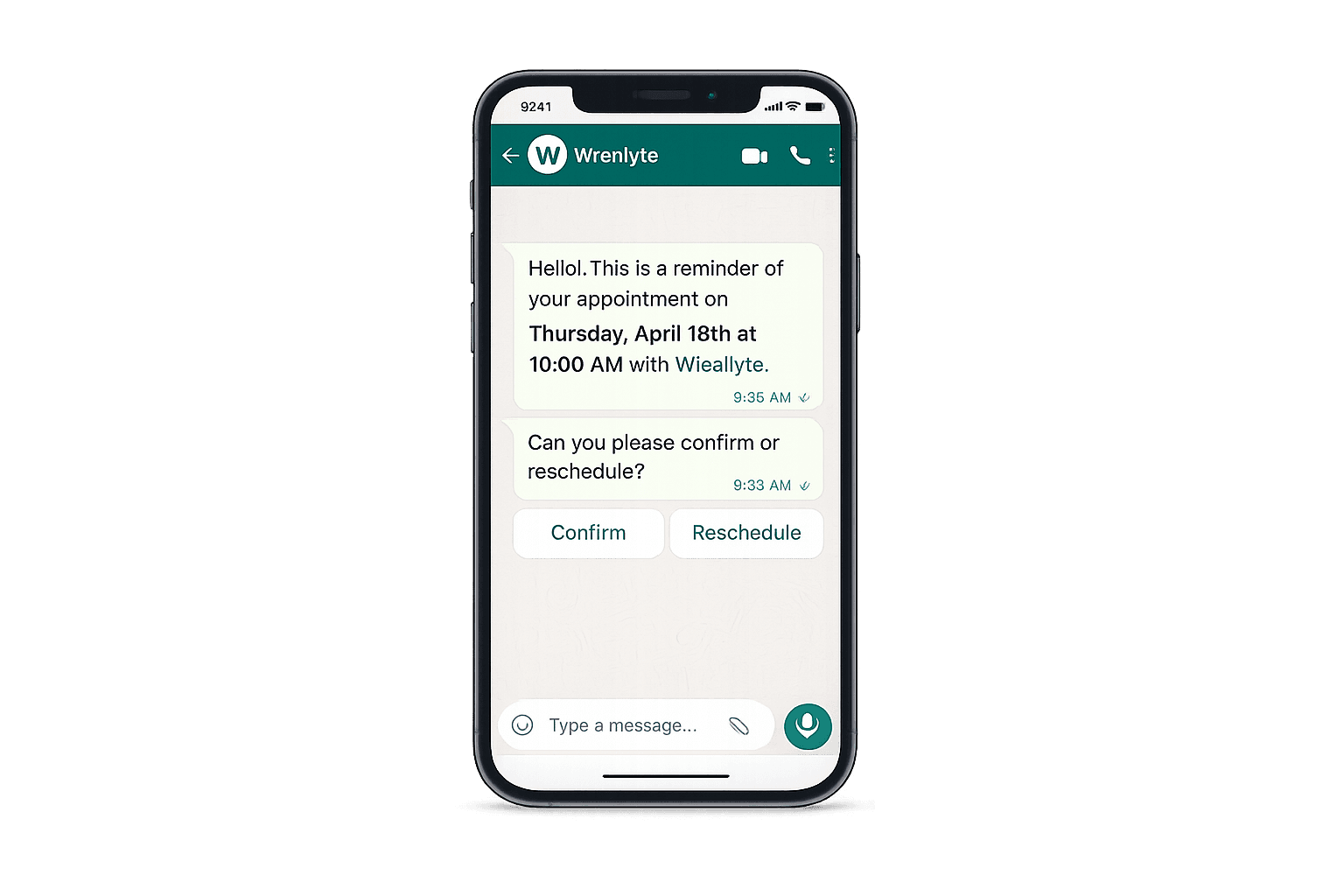 WhatsApp chat showing an automated appointment reminder with confirm and reschedule buttons